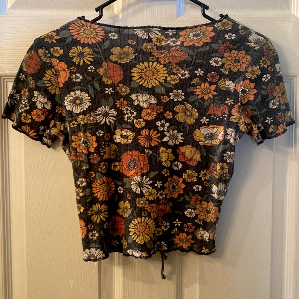 GHANDA Orange & Yellow Retro Hippie 60s 70s look Floral Ruched Crop Top - Picture 7 of 11